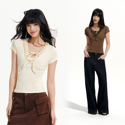 PSO Brand女装蕾丝花边V领修身短袖t恤女收腰显瘦半袖上衣夏季