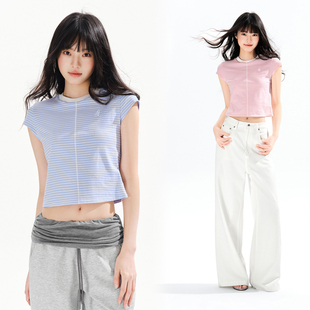 Brand女装 上衣夏季 可爱小狗条纹修身 t恤女显瘦短款 圆领短袖 PSO