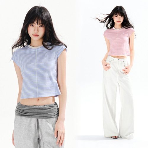 PSO Brand女装可爱小狗条纹修身圆领短袖t恤女显瘦短款上衣夏季