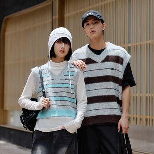背心叠穿秋季 PSO 仿羊驼长毛纱条纹毛衣马甲无袖 女装 潮 Brand男装