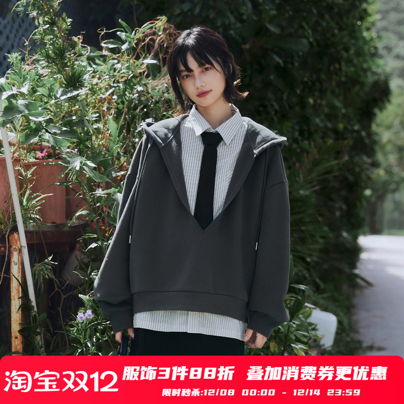 PSO Brand男装女装假两件V领条纹衬衫拼宽松卫衣女款加厚秋季外套