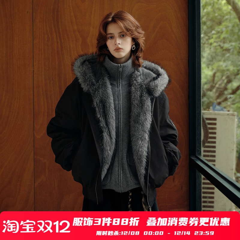 PSO Brand男装女装美式毛领连帽厚外套女款宽松拉链飞行夹克潮