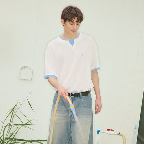 PSO Brand男装女装【假两件】华夫格潜水小人刺绣情侣短袖T恤半袖