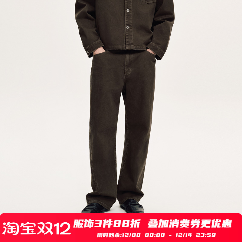 PSO Brand 男装女装美式复古水洗做旧棕色牛仔裤男款阔腿直筒长裤