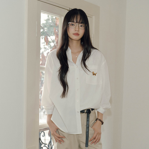 PSO Brand女装【莫代尔】V领刺绣小狗宽松寸衫七分袖女士衬衫外套