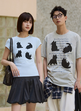 PSO Brand男装女装【凉感】针织植绒猫猫文字圆领短袖T恤半袖上衣