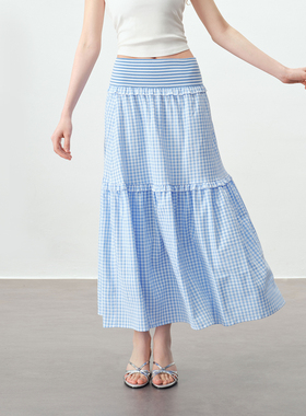 PSO Brand女装条纹格子中长款蓝色裙子休闲慵懒风大裙摆A字半身裙