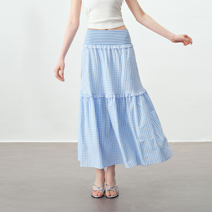 蓝色裙子休闲慵懒风大裙摆A字半身裙 条纹格子中长款 PSO Brand女装