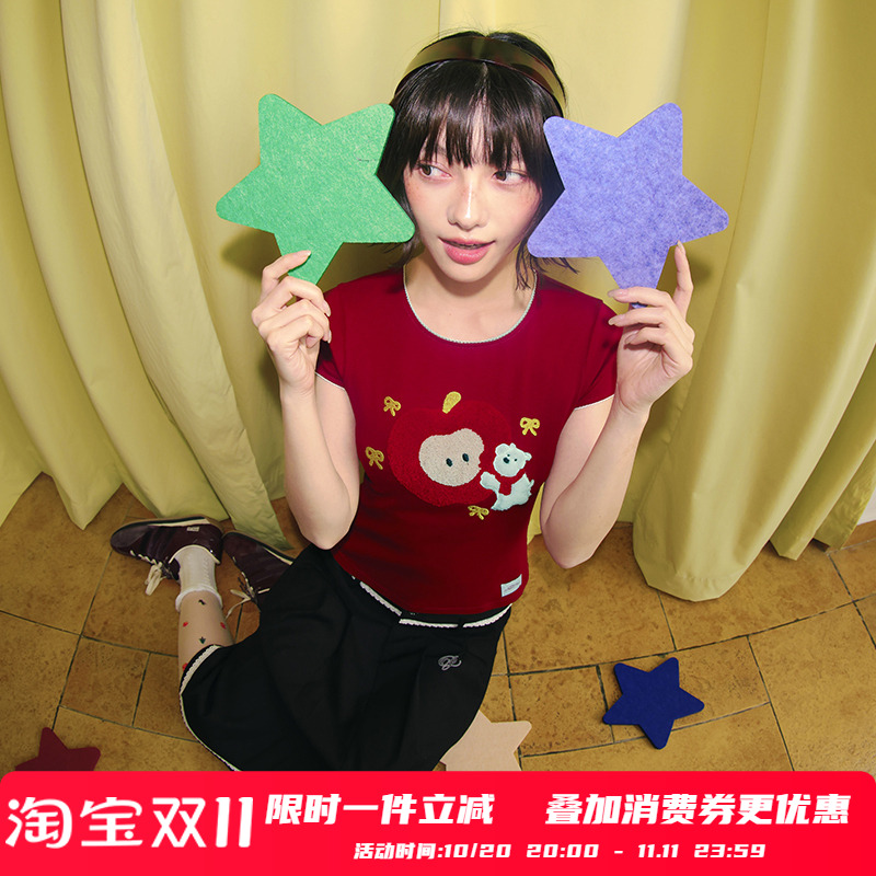 PSO Brand男装女装可爱毛绒苹果小狗圆领短袖T恤修身显瘦女款上衣