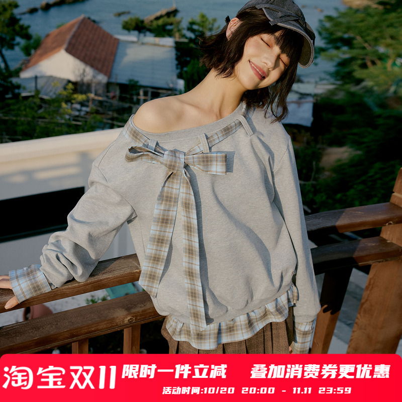 PSO Brand 女装蝴蝶结撞色格纹拼接斜肩卫衣外套宽松一字肩上衣潮