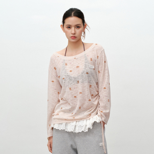 t恤休闲罩衫 PSO 抽绳一字肩上衣斜肩长袖 可爱小狗薄款 Brand女装