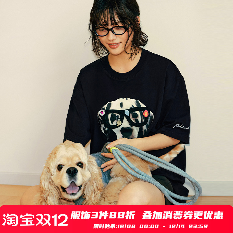 PSO Brand男装女装五合一功能针织眼镜小狗印花短袖T恤半袖上衣潮
