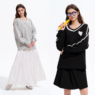 宽松休闲蕾丝上衣 可爱小狗毛巾底V领针织卫衣女款 PSO Brand女装