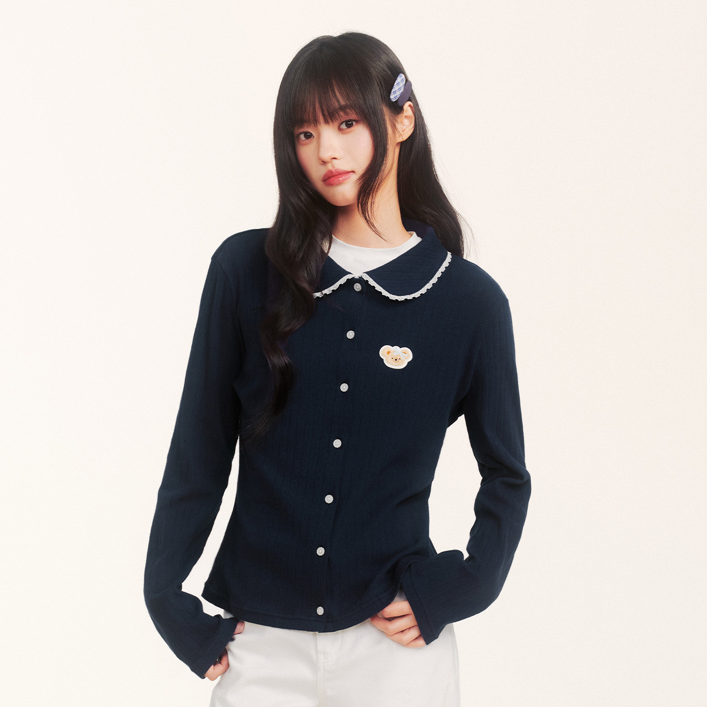 PSO Brand女装奶芙小熊蕾丝边娃娃领长袖上衣纯棉休闲开衫t恤秋季图片