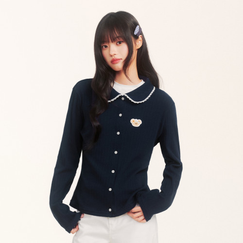 PSO Brand女装奶芙小熊蕾丝边娃娃领长袖上衣女纯休闲开衫t恤秋季