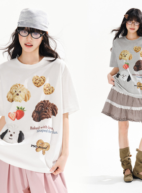 PSO Brand男装女装可爱小狗圆领白色纯棉短袖男款t恤宽松情侣上衣