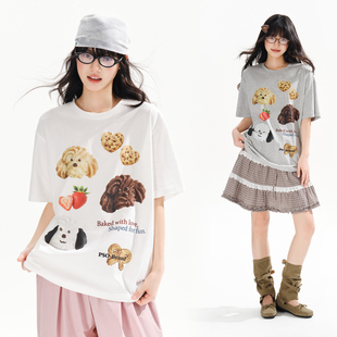 男款 PSO 可爱小狗圆领白色纯棉短袖 女装 t恤宽松情侣上衣 Brand男装