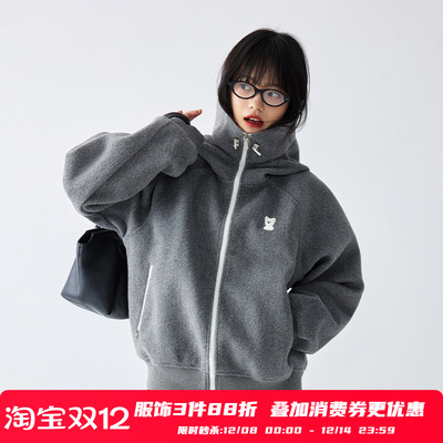 PSO Brand男装女装美式小狗灰色卫衣女款拉链毛呢外套保暖秋季潮