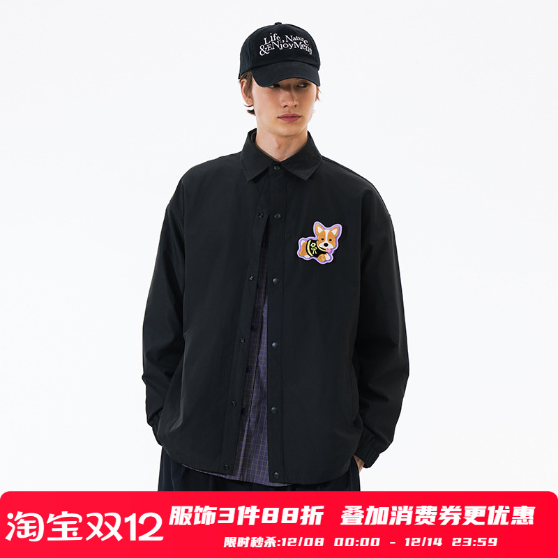 PSO Brand男装女装牙刷绣大狗魔术贴教练风衣夹克长袖衬衫外套秋