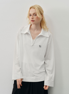 PSO Brand女装亚麻混纺可爱小狗V领薄款白色长袖t恤女宽松Polo衫