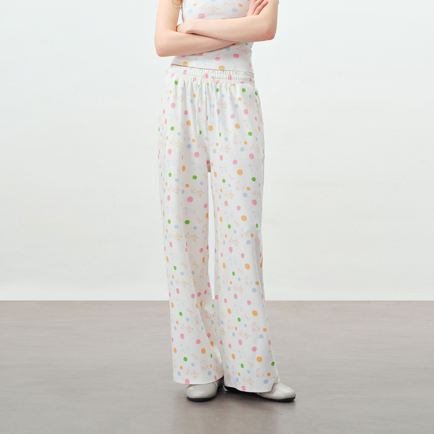 PSO Brand女装满幅彩点小狗宽松直筒白色裤子女款休闲阔腿长裤