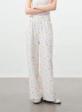 PSO Brand女装满幅彩点小狗宽松直筒白色裤子女款休闲阔腿长裤