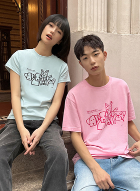 PSO Brand男装女装纯棉针织线条涂鸦小狗短袖女T恤夏情侣半袖潮