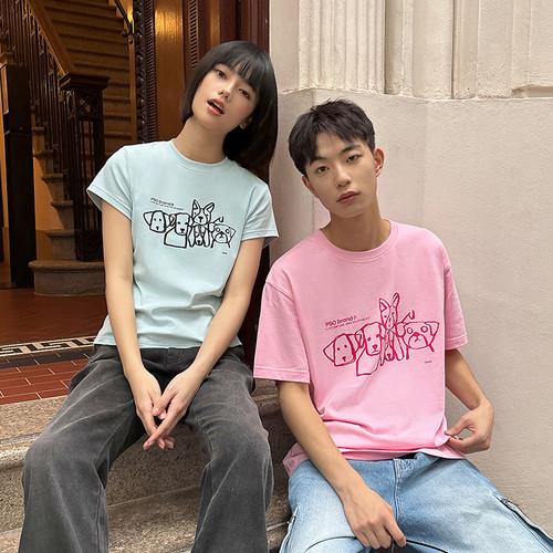 PSO Brand男装女装纯棉针织线条涂鸦小狗短袖女T恤夏情侣半袖潮