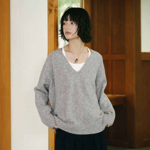 PSO Brand女装刺绣慵懒宽松灰色毛衣外套休闲针织衫女款长袖上衣