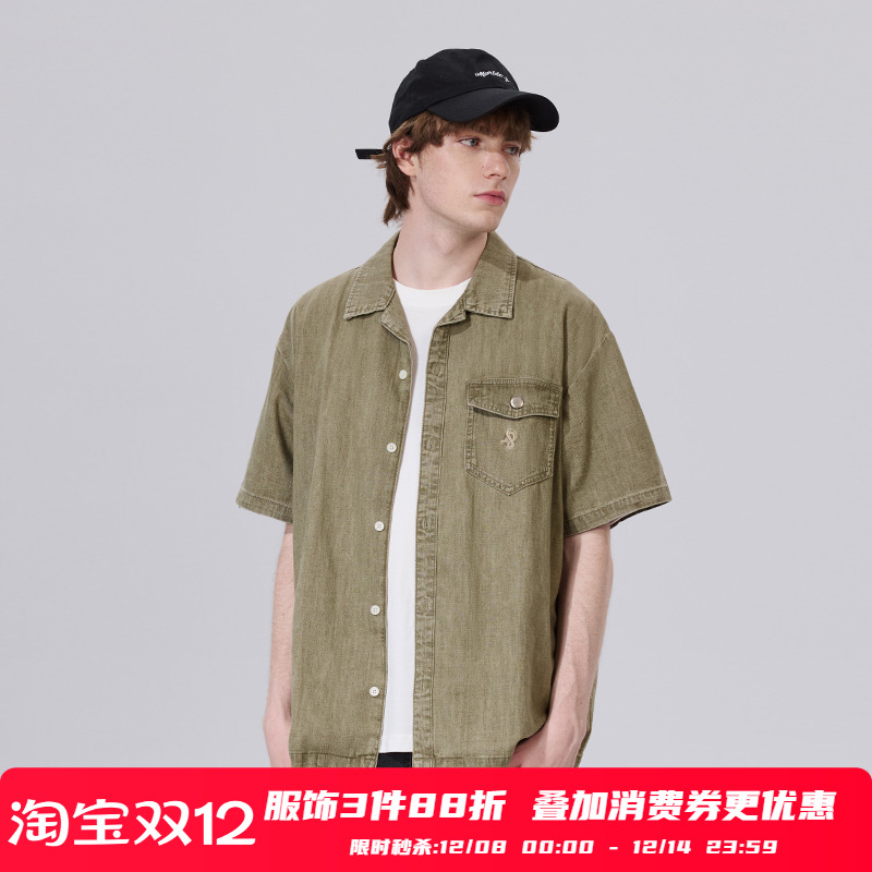 PSO Brand男装女装美式刺绣古巴领水洗做旧复古牛仔短袖衬衫衬衣