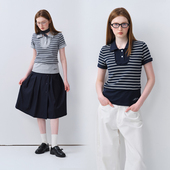 Brand 短袖 女装 PSO 美式 学院风拼接条纹polo衫 t恤女半袖 上衣百搭