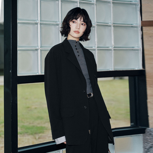 Brand 扣宽松西装 男装 假两件华夫格拼接条纹袖 外套上衣 女装 PSO