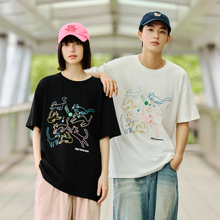 情侣夏季 PSO 双纱针织线条手绘彩色小猫全棉短袖 男女装 T恤 Brand