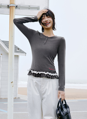 PSO Brand 女装假两件亨利领纯色拼接蕾丝边刺绣修身长袖打底衫秋