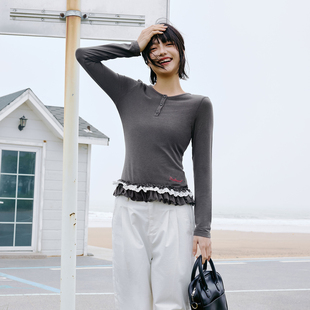 Brand 打底衫 女装 长袖 秋 假两件亨利领纯色拼接蕾丝边刺绣修身 PSO