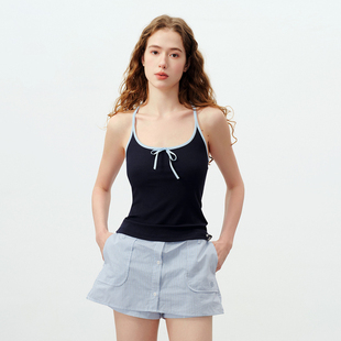 吊带背心修身 撞色蝴蝶结绑带圆领短款 显瘦露背上衣 Brand女装 PSO