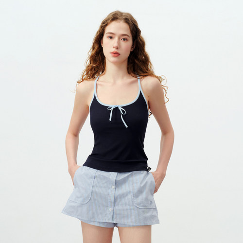 PSO Brand女装撞色蝴蝶结绑带圆领短款吊带背心修身显瘦露背上衣