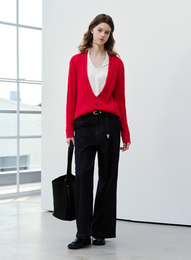 PSO Brand女装仿兔绒假两件麻花纹V领女士毛衣开衫休闲针织上衣