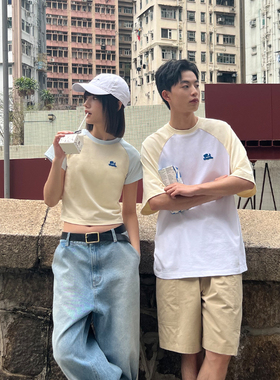 PSO Brand男装女装马卡龙可爱小狗短袖情侣装针织t恤男生撞色纯棉