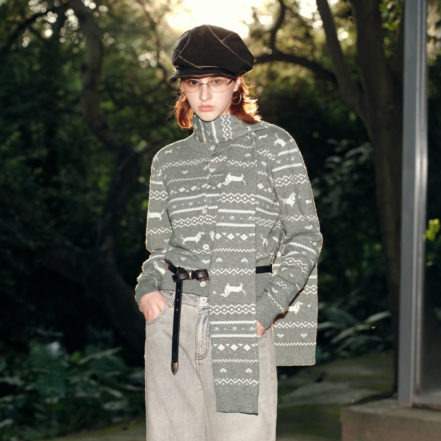 PSO Brand 女装【冰岛氛围感】可爱小狗围巾撞色针织开衫毛衣外套