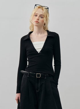 PSO Brand女装假两件大V领撞色针织长袖t恤女设计感修身黑色上衣