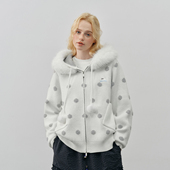 PSO 外套保暖休闲针织衫 Brand女装 仿兔绒波点毛领连帽毛衣开衫