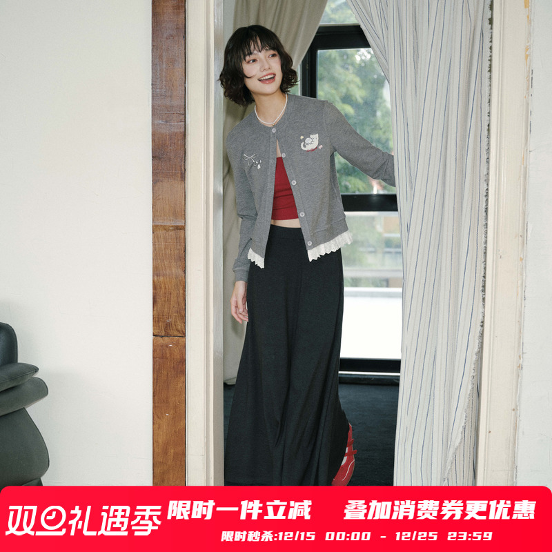 PSO Brand女装假两件可爱小猫蕾丝花边针织开衫女士毛衣外套百搭