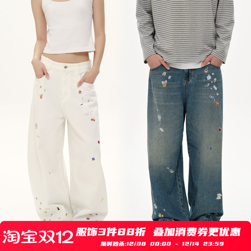 PSO Brand 男装女装可爱小贴纸水洗美式牛仔裤宽松直筒长裤秋潮牌