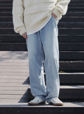 PSO Brand 男装女装水洗做旧蓝色牛仔裤男款宽松休闲直筒裤秋季潮