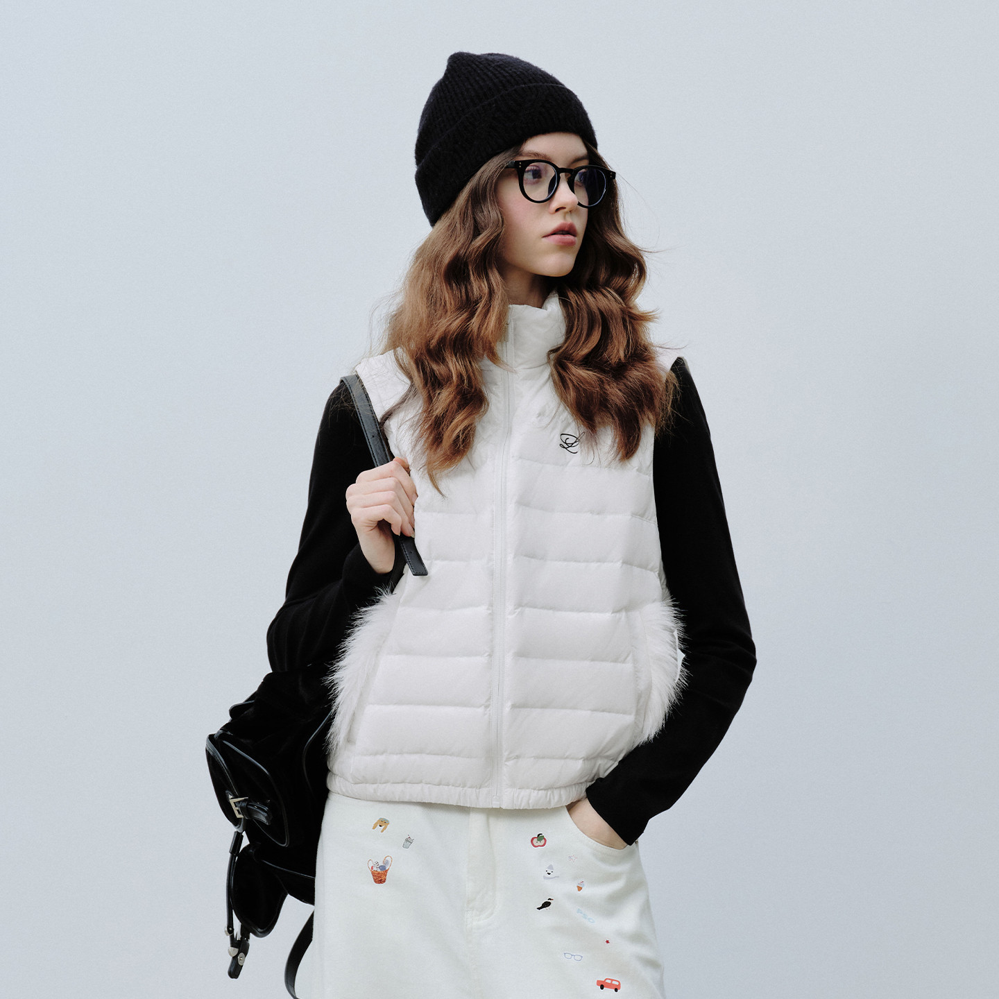 PSO Brand女装90绒毛绒袋口立领羽绒马甲女款外穿休闲修身外套