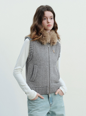 PSO Brand女装仿兔绒可爱小狗毛领针织毛线背心马甲毛织外套开衫