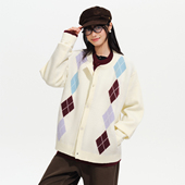 宽松长袖 PSO 毛衣外套 假两件 撞色菱格针织开衫 Brand男装 女装