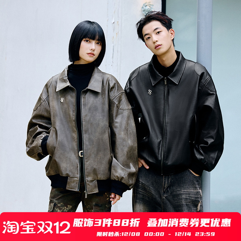 PSO Brand男装女装美式复古风撞钉翻领拉链飞行夹克棉服皮衣外套