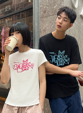 PSO Brand男装女装纯棉面料发泡款涂鸦小狗微弹白色短袖T恤情侣装